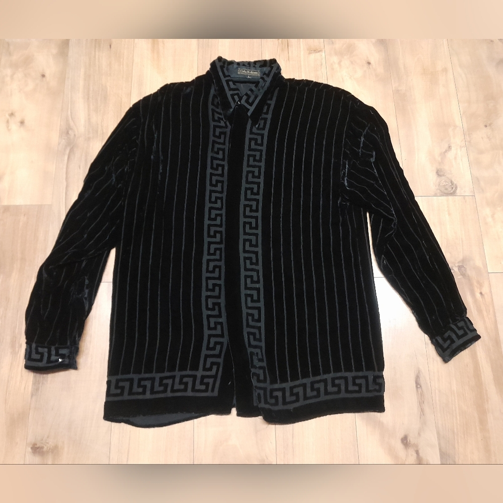 $395 Ceta Italiano Shirt Black Velvet Pinstripe Greek Key Print Men's Size Large